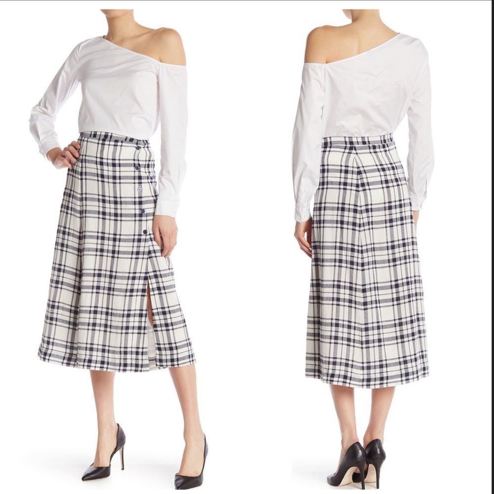 Theory Side Button Midi Skirt Modern Plaid